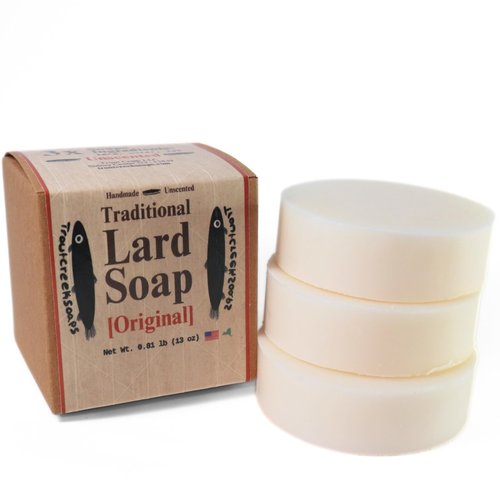 troutcreeksoaps® Traditional Lard Soap, 3 Bars | Natural, Unscented & Biodegradable | Handmade with Just 3 Simple Ingredients | Pig Tallow Bar Soap Made in the USA