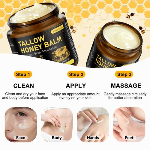 Organic Beef Tallow Honey Balm for Skin & Face, Whipped Beef Tallow Face Moisturizer with Raw Honey, Grass Fed Cow Beef Tallow Cream, All Natural Pure Body Lotion for Women & Men, Unscented 4.2 OZ