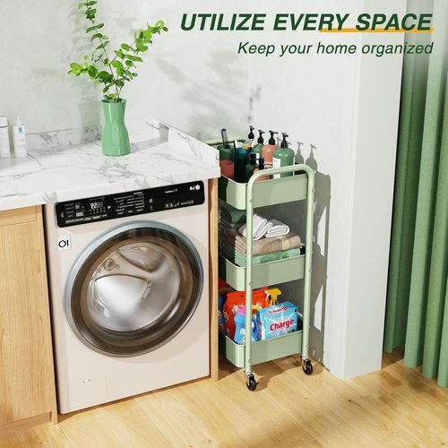 LEHOM 3-Tier Rolling Storage Cart - Metal Utility Trolley with Wheels & Hooks for Easy Organization