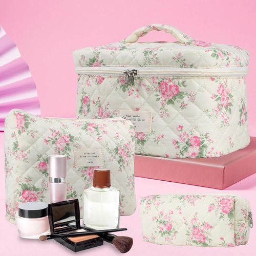 Skiennix Cute Makeup Bag Set - Quilted Floral Travel Cosmetic Organizer (3 Pcs, Pink Flower)