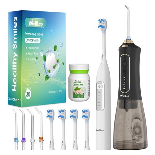 Cordless Water Flosser with Electric Toothbrush Combo and Freshening Refilled Tabs —Dual 5 Modes Rechargeable Oral Care for Braces, Teeth Cleaning, IPX7 Waterproof for Travel and Home Use