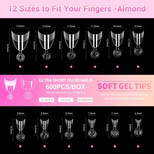 600PCS Extra Short Almond & Square Nail Tips Set, Short Almond Gel x Nail Tips, Half Cover Fake Nail Extensions, Clear Gel Nails Tips for DIY with 12 Sizes