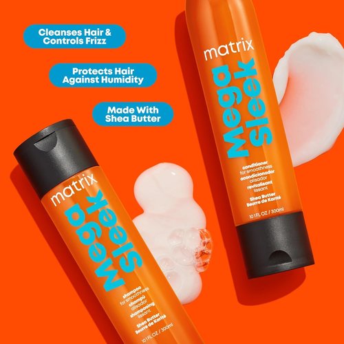 Matrix Mega Sleek Shampoo & Conditioner Set - Smoothing, Moisturizing, Anti-Frizz for All Hair Types | Nourishing Shea Butter, Vegan