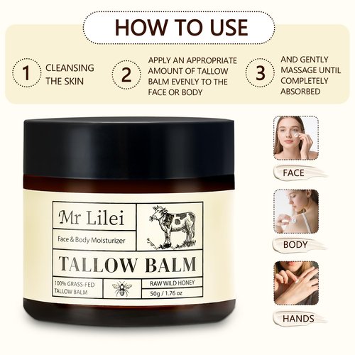 Lilei Beauty Beef Tallow for Skin - 100% Organic Grass-Fed Beef Tallow Balm with Raw Honey, Natural Whipped Face Moisturizer & Body Butter for Dry & Sensitive Skin, Non-Greasy (Unscented, 50g/1.76oz)
