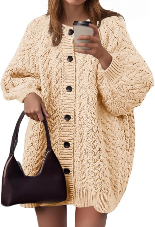 Saodimallsu Women's Oversized Cable Knit Cardigan - Chunky Button Down, Long Lantern Sleeves, Warm Sweater Dress