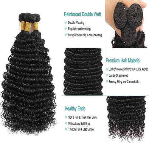 BilltiiWW Deep Wave Bundles Natural Black 8 10 12 Inch Brazilian Loose Deep Bundles Human Hair Soft and Silky for Women