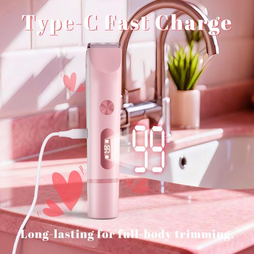 Fanovae Bikini Trimmer for Women – Gentle Electric Razor for Sensitive Areas, Waterproof USB-C Rechargeable Shaver for Body & Face, Stocking Stuffers Holiday Gift (Petal Pink with LED)