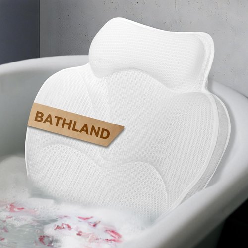 Bathland Bath Pillows for Tub - Luxury Bathtub Pillow Neck, Head, Back Support, Soft 5D Mesh Fabric and Non-Slip Suction Cups & Quick Dry, Fits All Tubs, Bath Soaking Accessories Spa Gifts, White