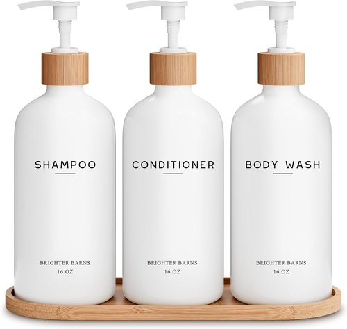 Brighter Barns White Shampoo and Conditioner Dispenser Set - Elegant Shower Pump for Bathroom Decor | Ideal for Hotels and Airbnbs