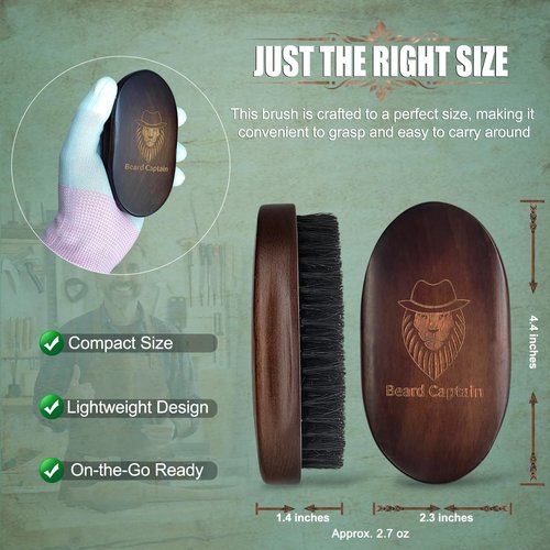 Beard Captain 100% Boar Bristle Beard Brush for Man – Retro Wooden Handle, Promotes Beards Growth & Softens, Travel Size