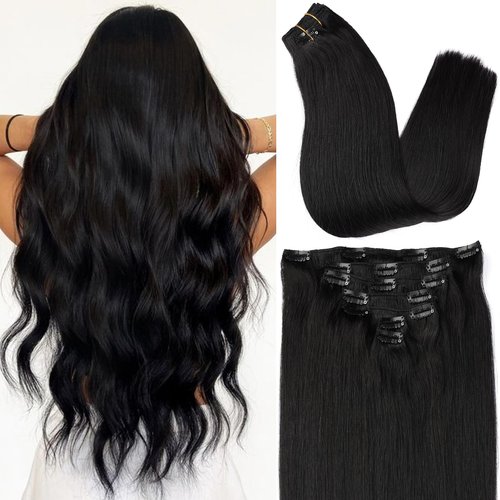 ORIGEN Clip in Hair Extensions Real Human Hair Clips ins Remy Hair Extensions for Women Full Head Natural Black 80g 16 Clips 7 Pcs 14 Inches