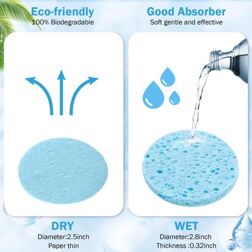 Amyhill 300 Count Compressed Facial Sponges Natural Face Sponges for Cleansing Disposable Facial Exfoliating Pads for Estheticians (Blue)