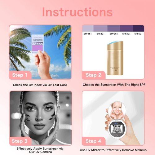 Mocado Compact LED Travel Makeup Mirror - 4 Inches 1X/10X Magnification Travel Mirror with Light Dimmable Smart UV Camera UV Mirror for Sunscreen Test Skin Sun Protection
