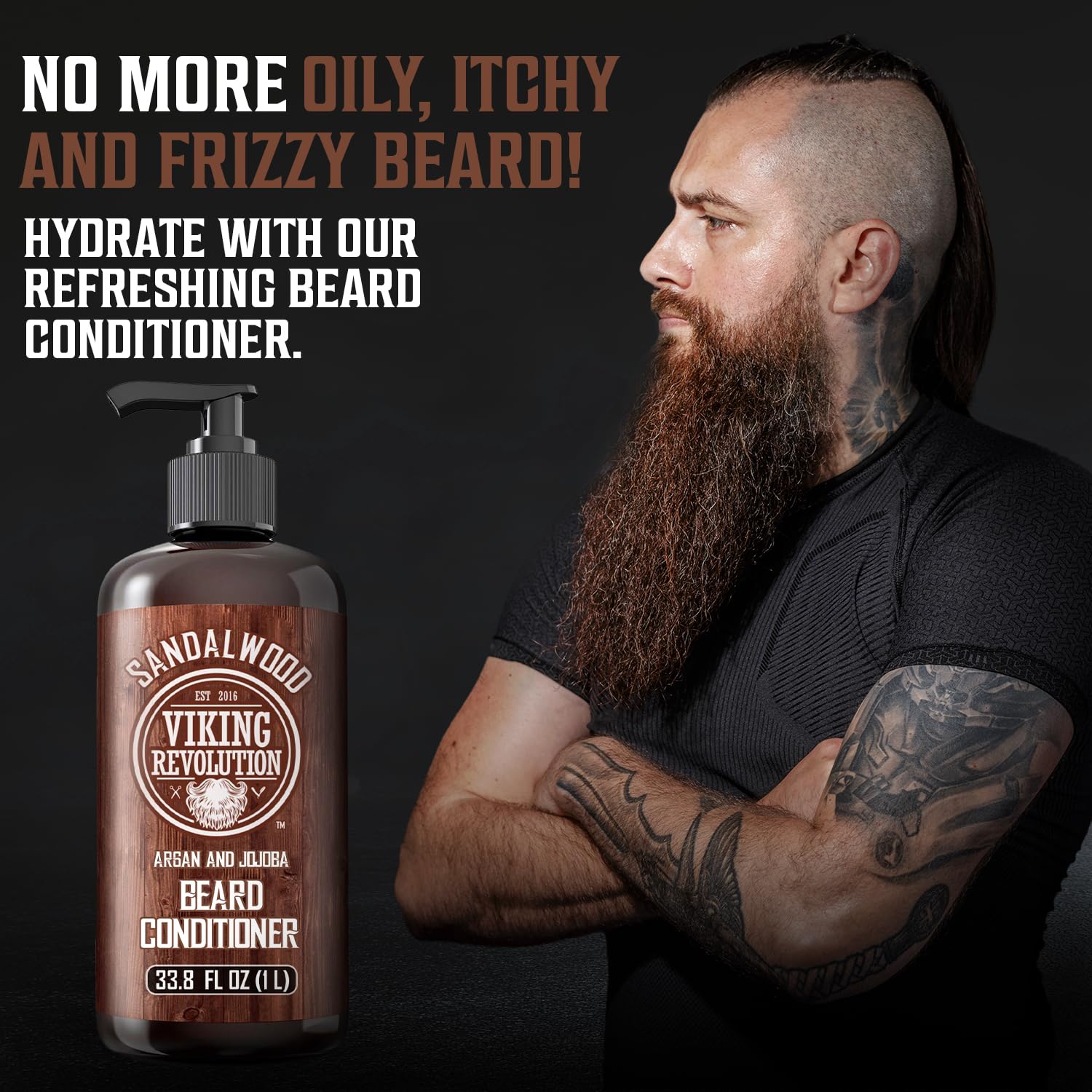 Viking Revolution Sandalwood Beard Conditioner for Men with Argan Oil and Jojoba Oil - Beard Softener and Strengthener Natural Beard Conditioner - Beard Care Moisturizer with Aloe Vera (33.8 Fl oz)