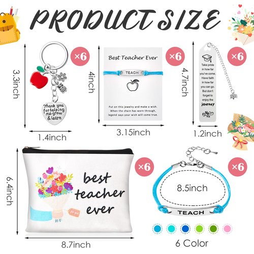 LEIFIDE 24 Pcs Teacher Appreciation Gifts Set, Thank You Birthday Gifts for Teachers 6 Teacher Cosmetic Bag 6 Teacher Blessing Card Bracelet 6 Bookmarks 6 Keychain for Women Teachers Day Graduation