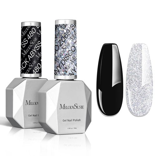 MelodySusie Thick Gel Polish Kit- 2 Pcs 15ml Sliver Glitter & Black Colors Polish Set Nail Art Manicure Salon Diy at Home Christmas Gift