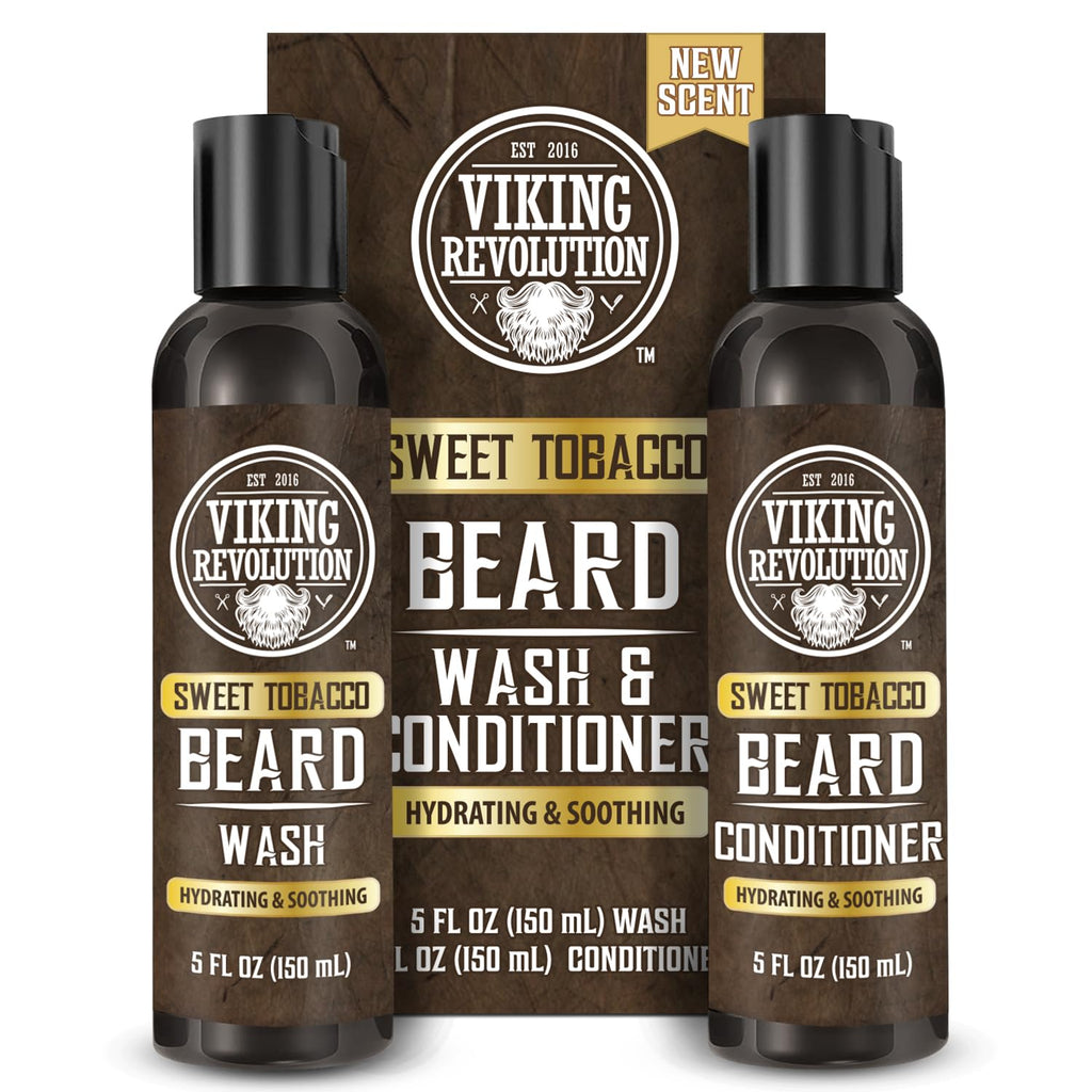 Viking Revolution Beard Wash and Beard Conditioner for Men with Argan Oil and Jojoba Oil - Beard Softener and Strengthener Beard Care Beard Shampoo and Conditioner with Beard Oil (5oz, Sweet Tobacco)