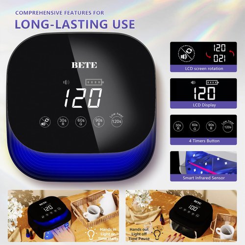 BETE 60W Cordless UV LED Nail Lamp - Rechargeable Gel Polish Dryer with Auto Sensor, 30 Beads & 4 Timer Settings Portable for Home/Salon Black
