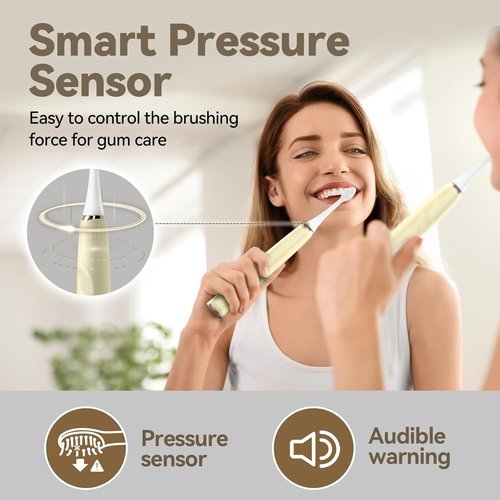 SEAGO Electric Toothbrush - Rechargeable Sonic Toothbrush with 8 Brush Heads & Pressure Sensor | Beige