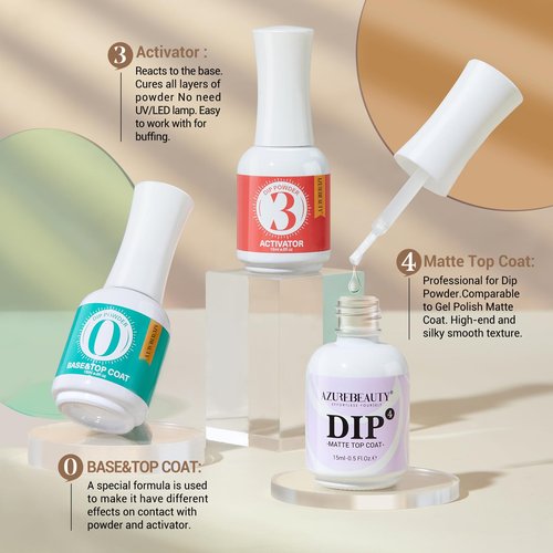 AZUREBEAUTY Dip Powder Liquid Set Base & Top Coat with Activator Matte Top Coat Comprehensive Professional Dipping Powder Essential Set for Dip Nail Art 15 ml 0.5 Oz Fast Dry No Nail Lamp Needed