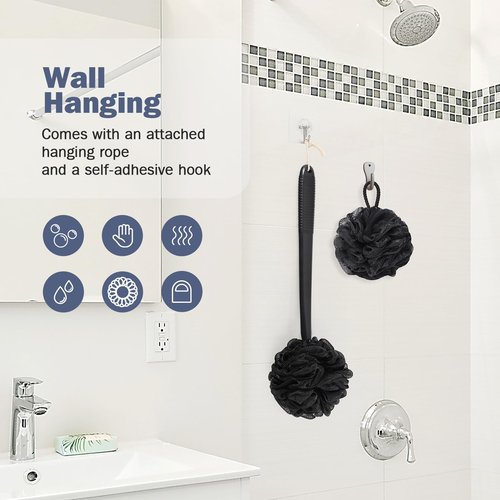 ROLIZOE Non-Slip Back Scrubber with 17" Plastic Handle - Hand Shower Loofah & Loofah on a Stick Set, Black