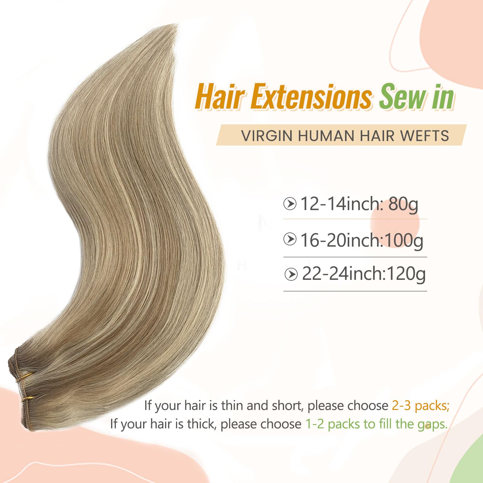 Weft Hair Extensions Sew in Real Human Hair Bundle Ash Blonde and Platinum Human Hair Extensions Hand Tied 12 Inch 80G Soft Straight Sew in Bundles Mixed with Blonde Highlights for Length/Volume