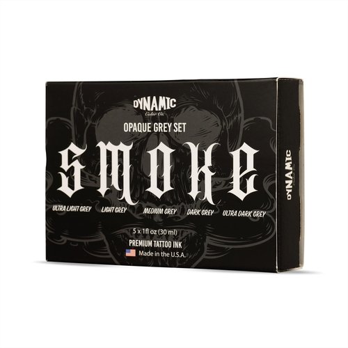 Dynamic Color Co- Smoke Set, Opaque Grey Tattoo Ink Set, 5 Shades of Ultra Light to Ultra Dark, Made in USA, Sterilized, 1 oz Bottles - Professional Tattoo Artists