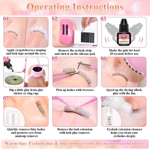 Tetutor Lash Kits Extensions Kit for Beginners, Eyelash Lash Extension Kit for Beginners with Lash Mannequin Head, Lash Extension Practice Kit Starter Kit with Everything USB Fan, Lash Glue, Shampoo