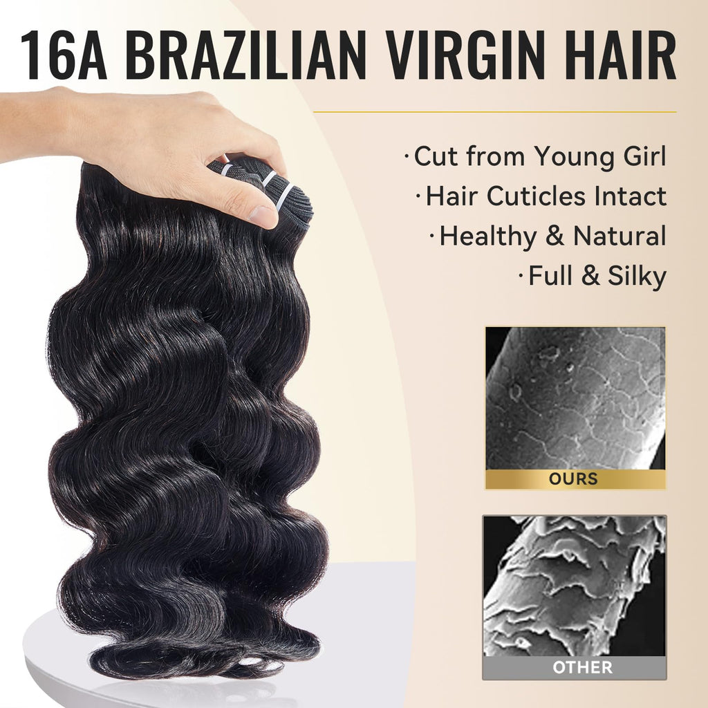 WEQUEEN Bundles Human Hair Body Wave 16A Brazilian Virgin Hair Bundles, Silky and Soft, 16 Inch Thick Weave Natural Black