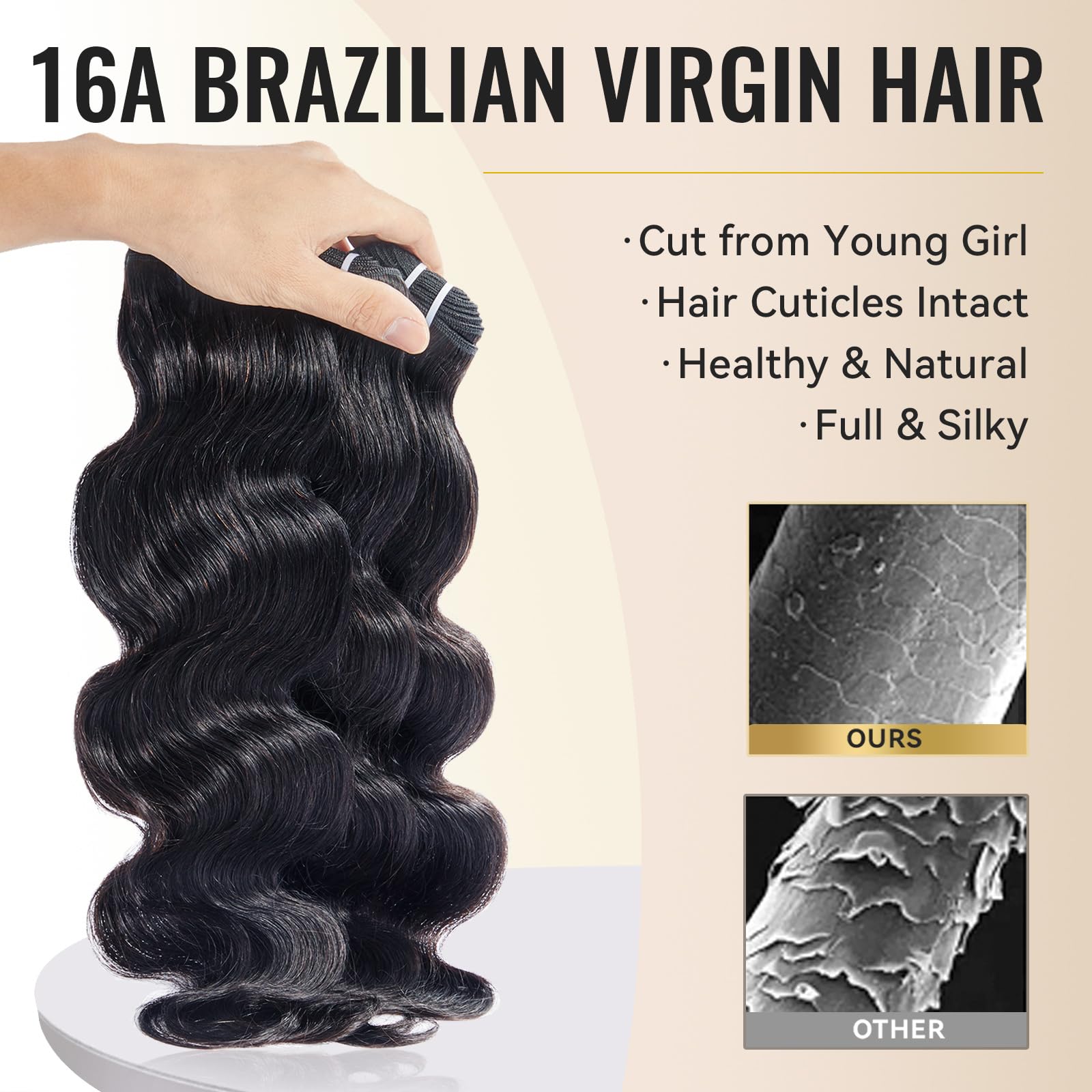 WEQUEEN Bundles Human Hair Body Wave 16A Brazilian Virgin Hair Bundles, Silky and Soft, 16 Inch Thick Weave Natural Black