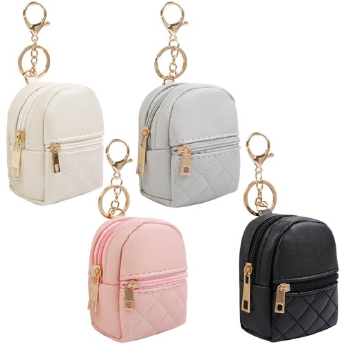 AIBFRID 4Pcs Mini Backpack Keychain,Cute Cosmetic Bag for Women Christmas Gifts,PU Leather Makeup Bag Key Pocket Lipstick Bag Card Holder Data Cable Organizer Zipper Pouch (black beige pink gray)