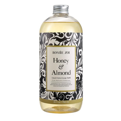 ROMIIE ZOI Liquid Hand Soap Refill, Honey & Almond, Gentle & Moisturizing Formula for Home & Kitchen, 750 ML/ 26 FL OZ