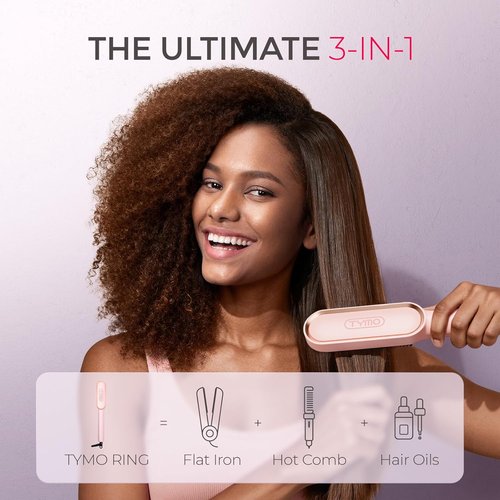 TYMO Ring Hair Straightener Brush - Fast Heating Hair Straightening Iron with Comb, 5 Temp Settings | Sakura Pink