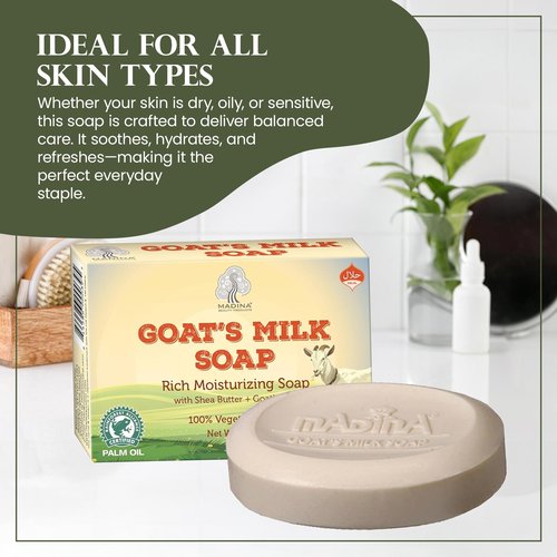 Madina Goat Milk Soap Bar – Hydrating, Moisturizing, Nourishing, Natural Vegetable-Based, Gentle Cleanser for All Skin Types, RSPO & Halal, 6 Pack (3.5 oz Each)