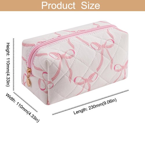 HHQQWZ Quilted Cotton Makeup Bag Travel Cosmetic Bag for Women Girls, Zipper Make Up Pouch, Bow Pattern Toiletry Organizer Makeup, Portable Storage Bag (Pink/Whtie Bowknot)