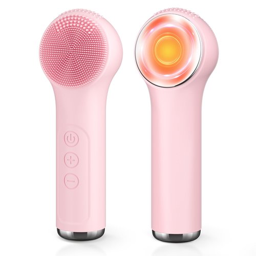 Queenwill Facial Cleansing Brush, 2 in 1 Rechargeable Silicone Face Scrubber with Heat Massage Head, Electric Vibrating Exfoliating and Massaging, Waterproof Face Cleanser for Women and Men (Pink)