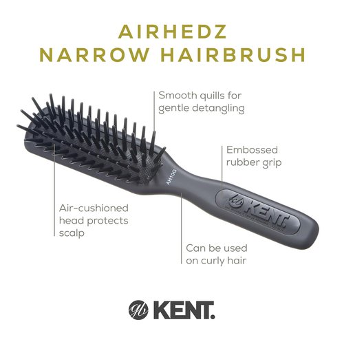 Kent AH10G Airhedz Pro Narrow Pin Hair Brush - Detangles Long, Thick & Curly Hair | Scalp Massager in Grey