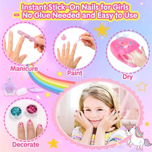 Kids Nail Polish with Press on Nails Set for Girls, Non-Toxic Nail Art Kit with Portable Dryer and Unicorn Case, Cute Stuff Gift Toys for Girls Age 8-12