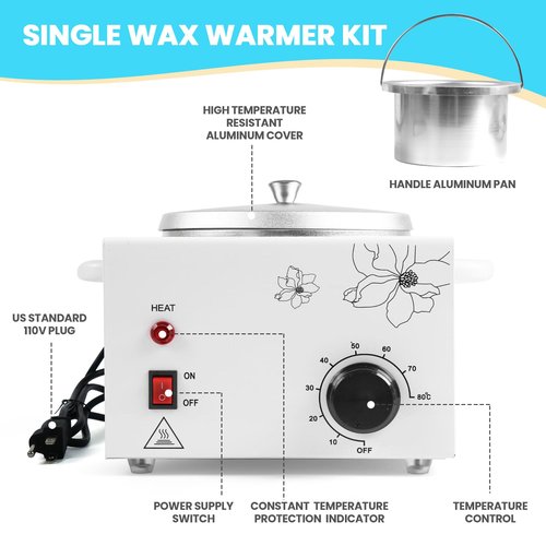 600ml Professional Single Pot Wax Warmer, Electric Depilatory Heater Machine with Adjustable Temperature for Hair Removal & Facial Spa, Includes 50 Wax Sticks & 20 Collars