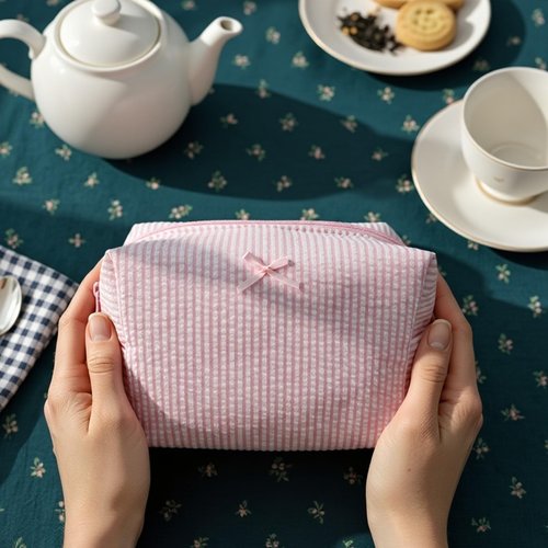 10 Pcs Cotton Quilted Makeup Bags Bulk-Easter Basket Gifts Bulk Bow Stripe Cosmetic Bags Coquette Aesthetic Makeup Pouch with Zipper Travel Portable Bag Preppy Gifts for Women (Blue 5pcs+Pink 5pcs)