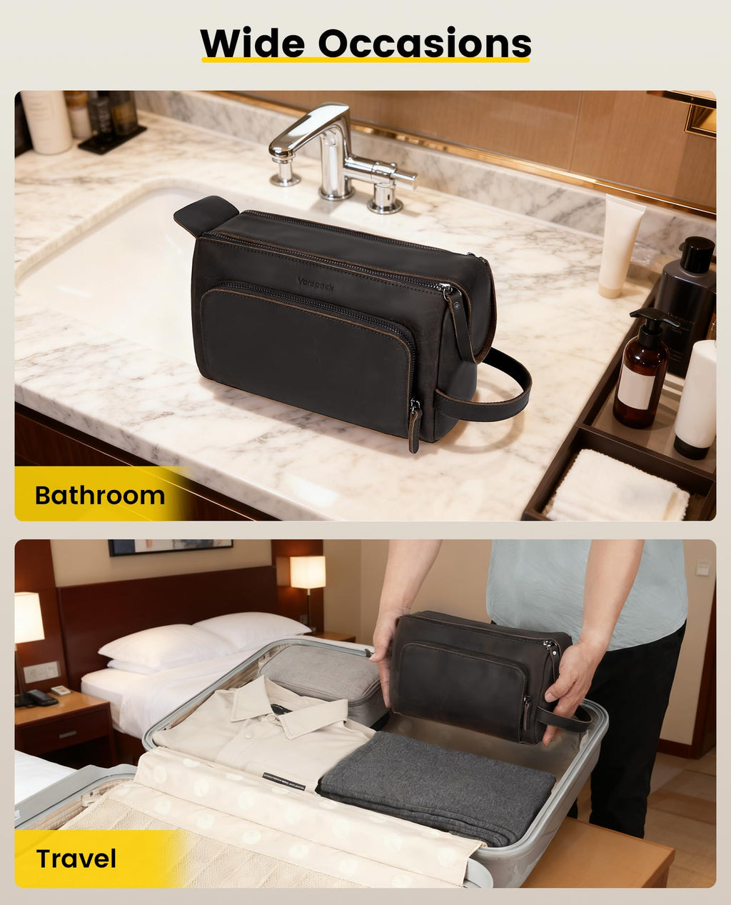Vorspack Genuine Leather Toiletry Bag for Men - Water Resistant Travel Bag for Toiletries, Essentials, Accessories - Dark Brown