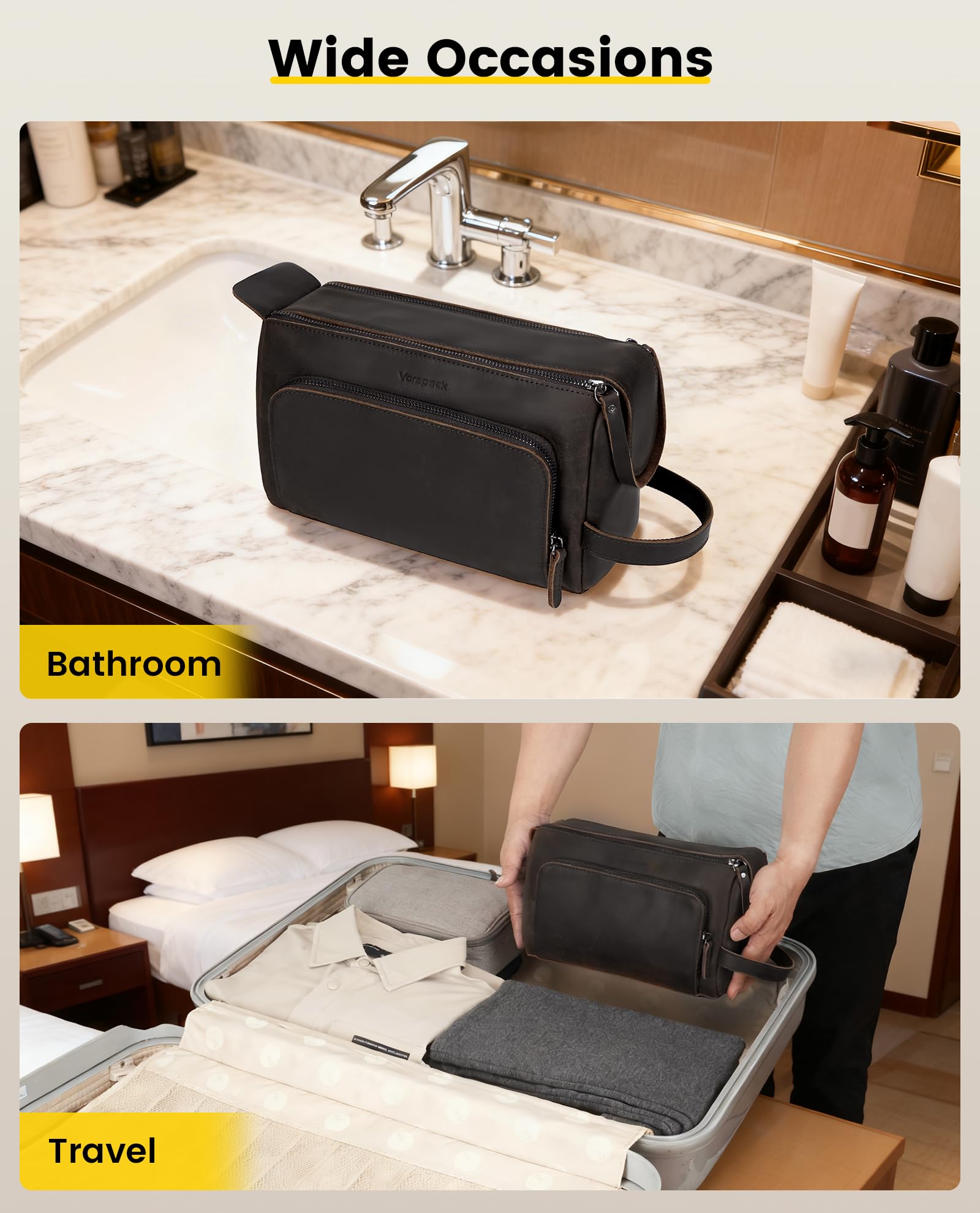 Vorspack Genuine Leather Toiletry Bag for Men - Water Resistant Travel Bag for Toiletries, Essentials, Accessories - Dark Brown