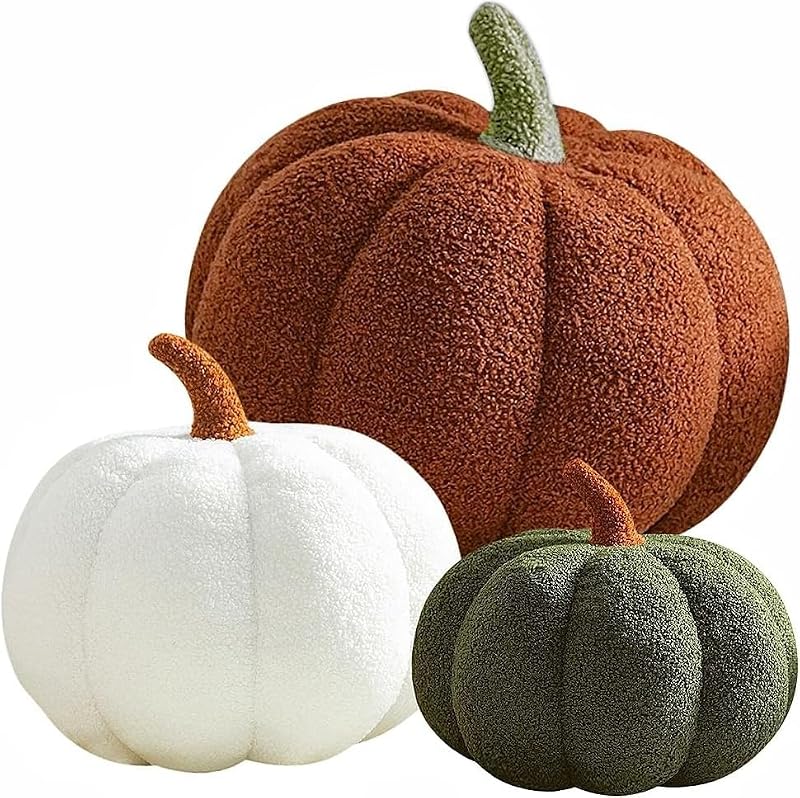 Halloween Pumpkin Throw Pillows Set - 3 Plush Teddy Fleece Cushions for Home Decor