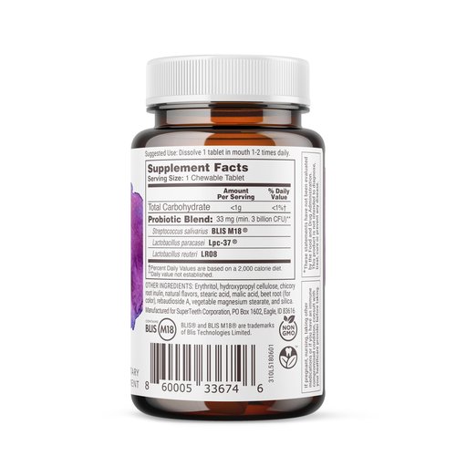 SUPER TEETH Oral Probiotic for Kids & Adults | 60 Strawberry Lactobacillus Reuteri Chewable Tablets | Freshens Bad Breath & Fights Cavities with BLIS M18 | Dental Probiotic to Support Oral Health