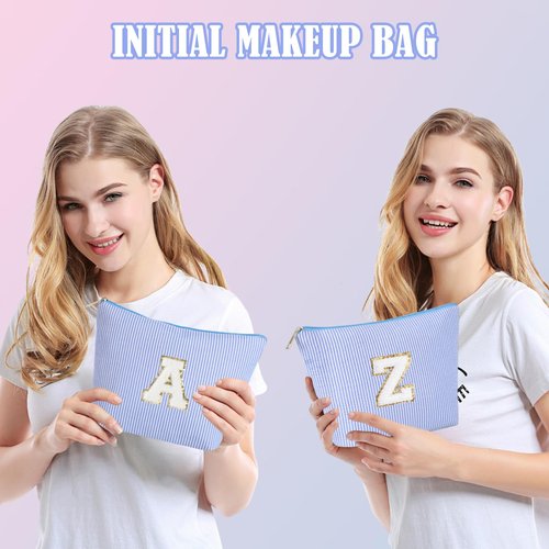 Huifen Personalized Gift Initial Makeup Bag, Cosmetic Bags for Women Travel Toiletry Cute Make Up Bag, Birthday Gift for Kids Teen Girls, Easter Basket Gifts Teacher Gift Trendy Stuff (Blue, G)