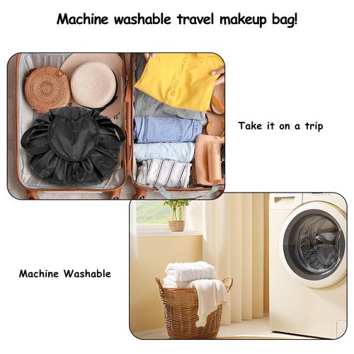 SUMBABO Drawstring Makeup Bag Open Flat – Barrel Drawstring Cosmetic Bag for Women Toiletry Bag for Travel with Brush Bag (Black)