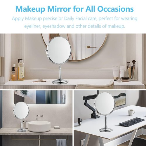 Gecious Silver Makeup Mirror 1X/10X Free Standing 8 Inches 360 Swivel Dual-Sided Tabletop Makeup Mirror, Metal