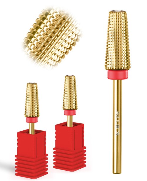 Tungsten Nail Drill Bits 5 in 1 Carbide Nail Drill Bits for Acrylic Hard Gel Cuticle Remove 3/32'' Universal Bits for Efile Nail Drill Machine Manicure Pedicure Salon (Gold Fine Straight Cut x2)