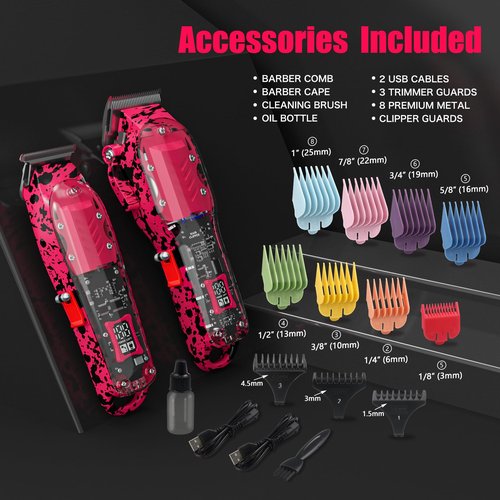 Tuanchuanrp Professional Hair Clippers for Men, Cordless Barber kit for Hair Cutting & Grooming, Hair Clippers and Trimmer Set for Barber Haircut with LED Display, 8 Fade Taper Combs(Pink Set)