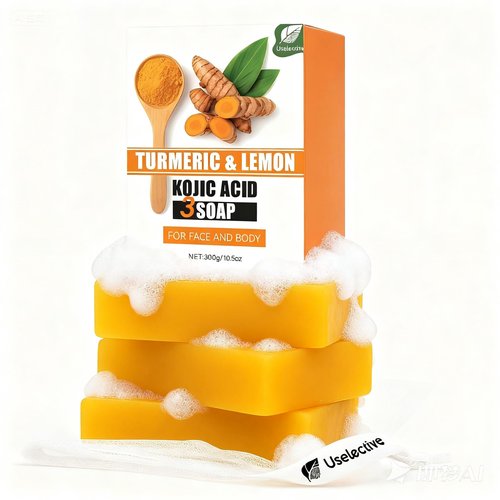 Uselective 3 Pack Lemon & Turmeric Soap Bar for Dark Spots, Powered by Kojic Acid, Vitamin C - Deeply Moisturizing with Amino Acids & Shea Butter - SLS Free for Face/Body